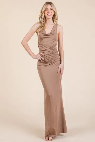 Fashnzfab Cowl Neck Cross Back Shirring Maxi Dress
