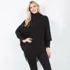 Fashnzfab Cowl Neck Fringe Hem Knit Poncho In Black