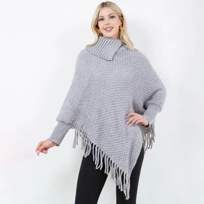 Fashnzfab Cowl Neck Fringe Hem Knit Poncho In Blue