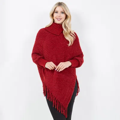 Fashnzfab Cowl Neck Fringe Hem Knit Poncho In Red