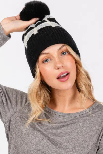 Fashnzfab Cozy Color Blocked Pom Pom Beanie In Black