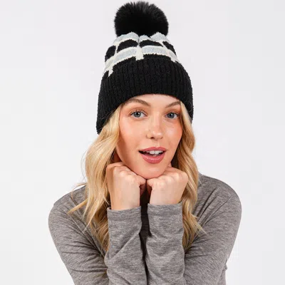 Fashnzfab Cozy Color Blocked Pom Pom Beanie Hat In Black