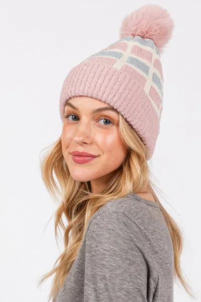 Fashnzfab Cozy Color Blocked Pom Pom Beanie In Pink
