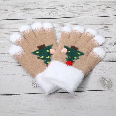 Fashnzfab Cozy Fuzzy Pom Pom Christmas Tree Accent Winter Gloves In Brown
