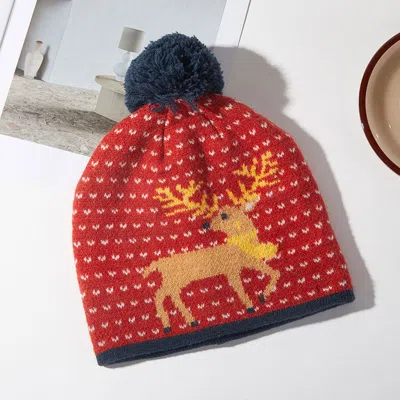 Fashnzfab Cozy Reindeer Pom Pom Beanie Hat In Blue