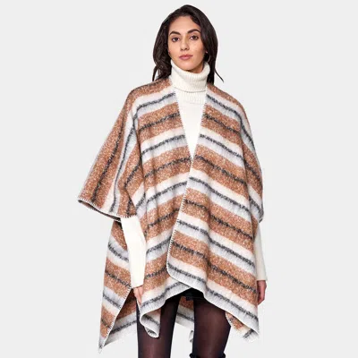 Fashnzfab Cozy Striped Three Tone Ruana Poncho In Brown