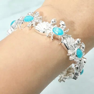 Fashnzfab Crab Shell Charm Beaded Stretch Bracelet In Silver