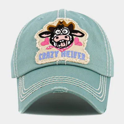 Fashnzfab Crazy Heifer Message Cow Vintage Baseball Cap In Green
