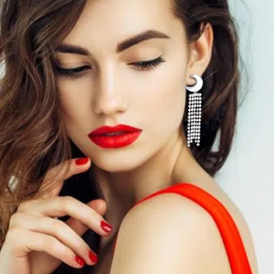 Fashnzfab Crescent Rhinestone Fringe Down Evening Earrings - Rhodium In Red