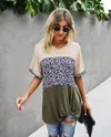 Fashnzfab Crew Neck Color Block Animal Print Top