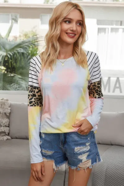 Fashnzfab Crew Neck Patchwork Tie Dye Fit Loose Shirt In Pink