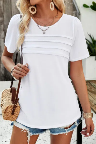 Fashnzfab Crew Neck Short Sleeve Pleated Elegant Tee T Shirt