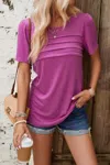 Fashnzfab Crew Neck Short Sleeve Pleated Elegant Tee T Shirt
