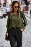 Fashnzfab Crew Neck Solid Leg Of Mutton Sleeve Shirt