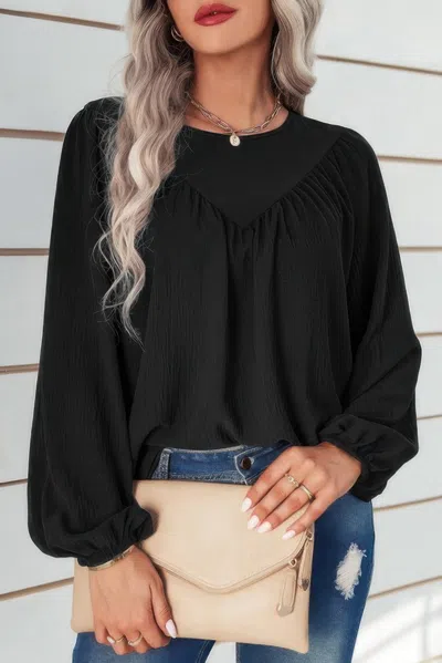 Fashnzfab Crew Neck Solid Long Lantern Sleeve Shirt In Black