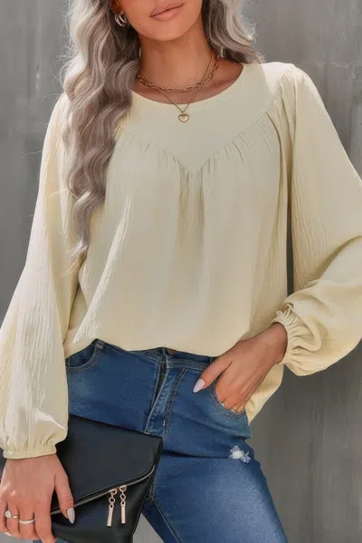 Fashnzfab Crew Neck Solid Long Lantern Sleeve Shirt In Sand