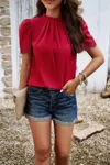 Fashnzfab Crew Neck Solid Ruffle Loose Fit Dressy Elegant Shirt