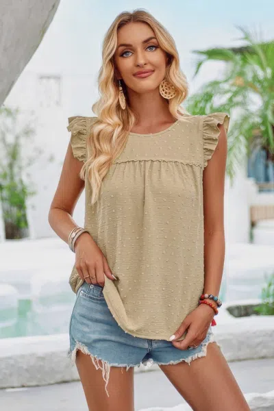 Fashnzfab Crew Neck Swiss Dot Short Ruffle Sleeve Top