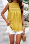 Fashnzfab Crew Neck Swiss Dot Smocked Ruffled Loose Blouse