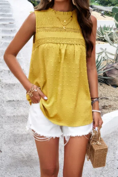 Fashnzfab Crew Neck Swiss Dot Smocked Ruffled Loose Blouse