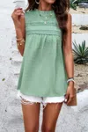 Fashnzfab Crew Neck Swiss Dot Smocked Ruffled Loose Blouse