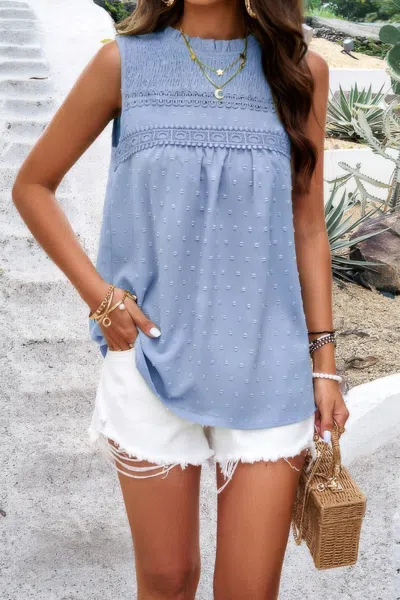 Fashnzfab Crew Neck Swiss Dot Smocked Ruffled Loose Blouse