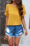 Fashnzfab Crewneck Chiffon Polka Dot Ruffle Short Sleeved To