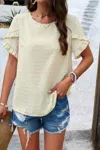 Fashnzfab Crewneck Chiffon Polka Dot Ruffle Short Sleeved To