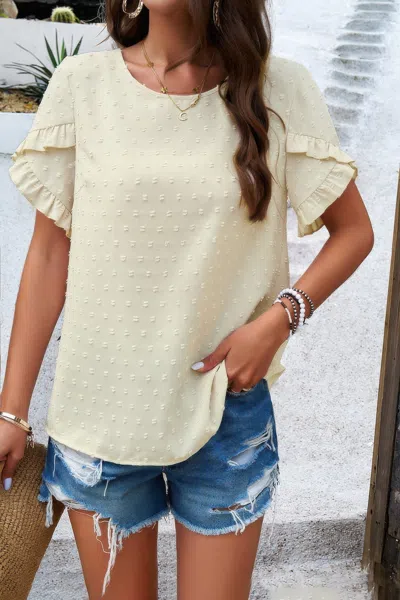 Fashnzfab Crewneck Chiffon Polka Dot Ruffle Short Sleeved To