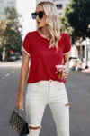 Fashnzfab Crewneck Short Sleeve Lace Trim Loose T Shirts