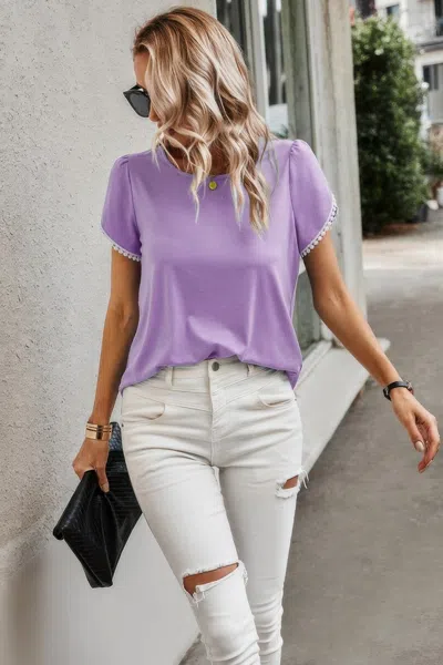 Fashnzfab Crewneck Short Sleeve Lace Trim Loose T Shirts