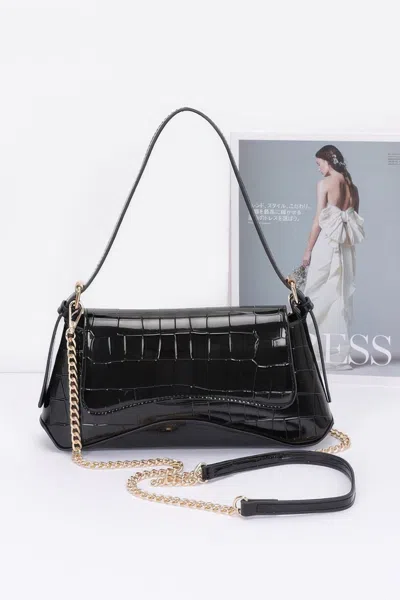 Fashnzfab Croc Embossed Mirror Metallic Shoulder Bag In Black