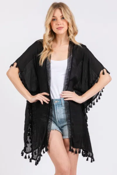 Fashnzfab Crochet And Tassel Trim Cover Up In Black