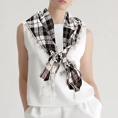Fashnzfab Crochet Drop Fringe Plaid Check Scarf In Black