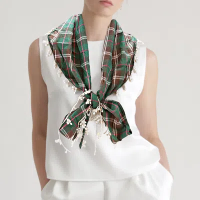 Fashnzfab Crochet Drop Fringe Plaid Check Scarf In Green