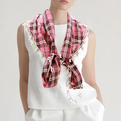 Fashnzfab Crochet Drop Fringe Plaid Check Scarf In Pink