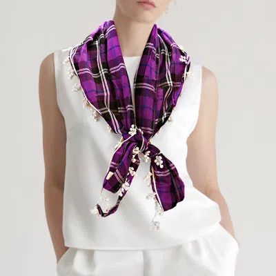Fashnzfab Crochet Drop Fringe Plaid Check Scarf In Purple