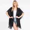 Fashnzfab Crochet Tassel Trip Cover Up Poncho In Black