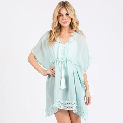 Fashnzfab Crochet Trim Front Drawstring Cover Up Poncho In Blue