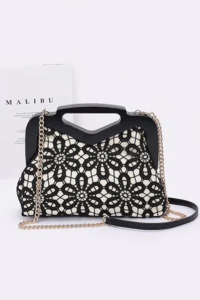 Fashnzfab Crochet Wood Frame Clutch In Black