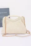 Fashnzfab Crochet Wood Frame Clutch In Sand