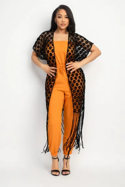 Fashnzfab Crocheted Open-front Fringe Kimono In Black