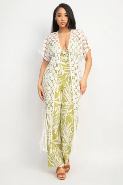 Fashnzfab Crocheted Open-front Fringe Kimono In White