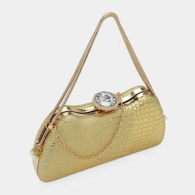Fashnzfab Crocodile Embossed Stone Clasp Closure Evening Bag In Gold