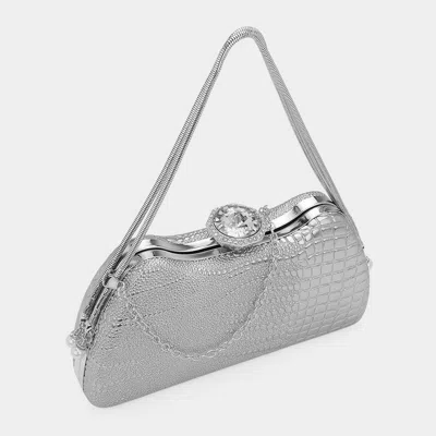 Fashnzfab Crocodile Embossed Stone Clasp Closure Evening Bag In Silver