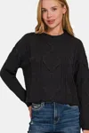 Fashnzfab Cropped High Low Cable Sweater With Side Slits In Black