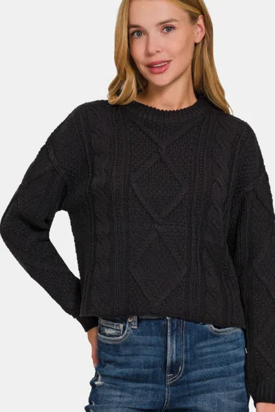 Fashnzfab Cropped High Low Cable Sweater With Side Slits In Black