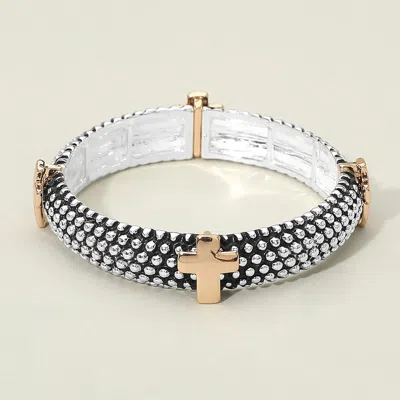 Fashnzfab Cross Accent Beaded Metal Stretch Bracelet In Multi