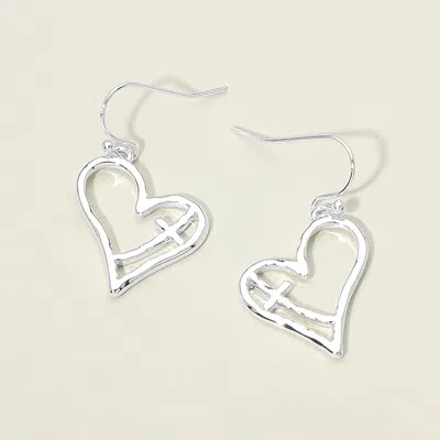 Fashnzfab Cross Accent Open Heart Charm Drop Dangle Earrings In Silver
