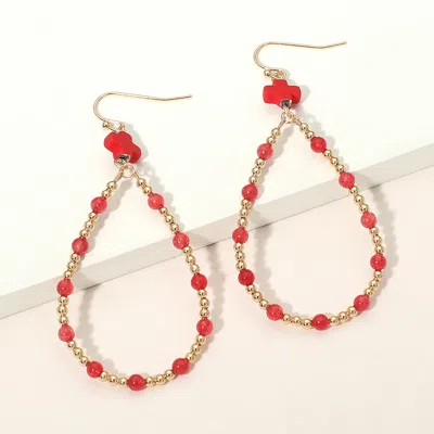 Fashnzfab Cross Accent Seed Beaded Open Teardrop Dangle Earrings In Red